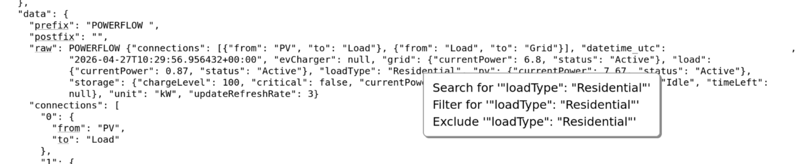 logging24 context menu offering search, filter, and exclude actions for selected log text