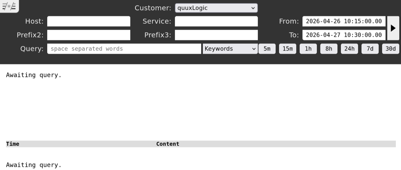 logging24 search workspace with customer, prefix, query, and time controls